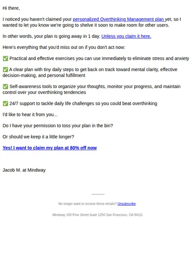 Your Mindway plan #5BG62L5 is expiring today